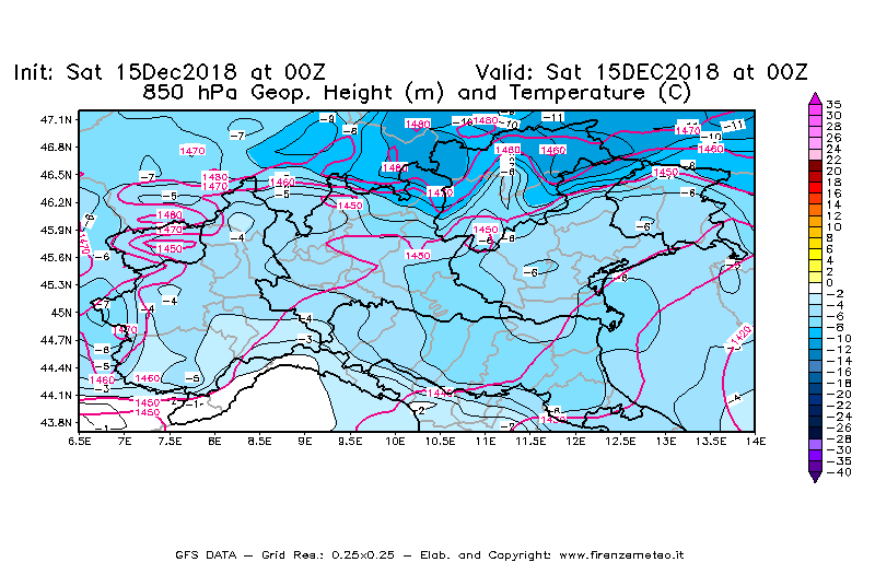 Mappa di analisi GFS - Geopotenziale [m] e Temperatura [°C] a 850 hPa in Nord-Italia
							del 15/12/2018 00 <!--googleoff: index-->UTC<!--googleon: index-->
