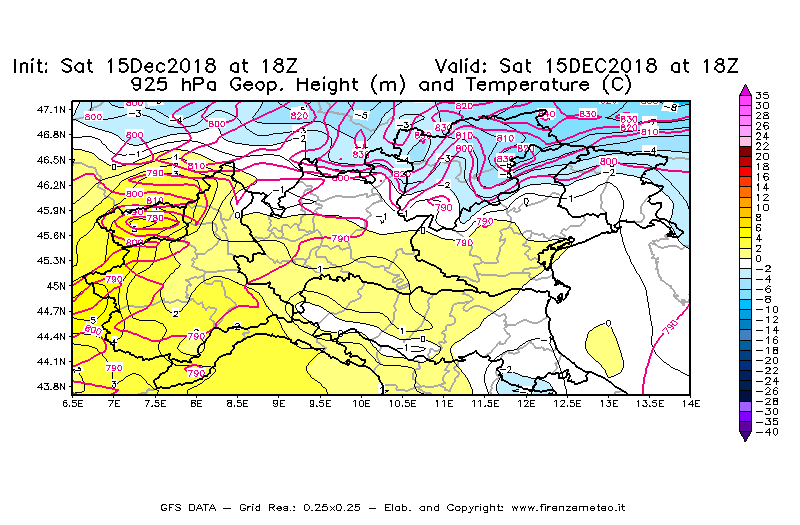 Mappa di analisi GFS - Geopotenziale [m] e Temperatura [°C] a 925 hPa in Nord-Italia
							del 15/12/2018 18 <!--googleoff: index-->UTC<!--googleon: index-->