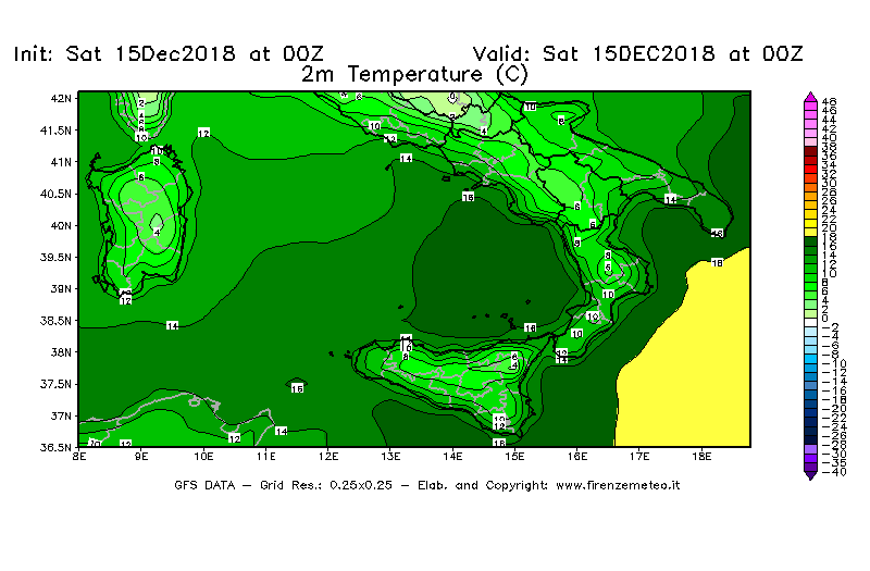 Mappa di analisi GFS - Temperatura a 2 metri dal suolo [°C] in Sud-Italia
							del 15/12/2018 00 <!--googleoff: index-->UTC<!--googleon: index-->
