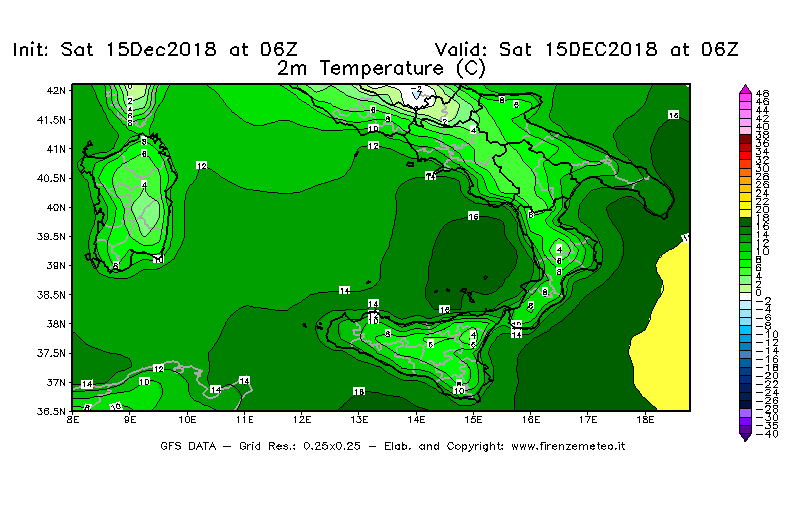 Mappa di analisi GFS - Temperatura a 2 metri dal suolo [°C] in Sud-Italia
							del 15/12/2018 06 <!--googleoff: index-->UTC<!--googleon: index-->