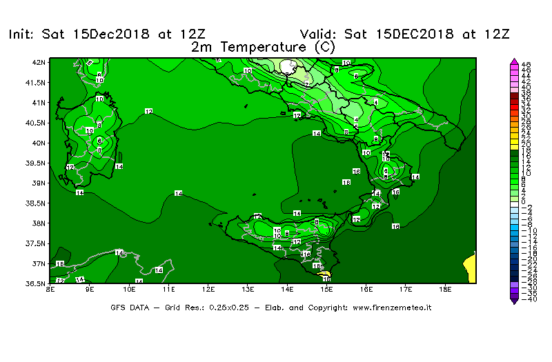 Mappa di analisi GFS - Temperatura a 2 metri dal suolo [°C] in Sud-Italia
									del 15/12/2018 12 <!--googleoff: index-->UTC<!--googleon: index-->