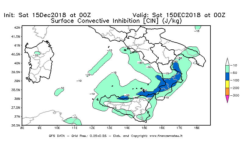 Mappa di analisi GFS - CIN [J/kg] in Sud-Italia
									del 15/12/2018 00 <!--googleoff: index-->UTC<!--googleon: index-->