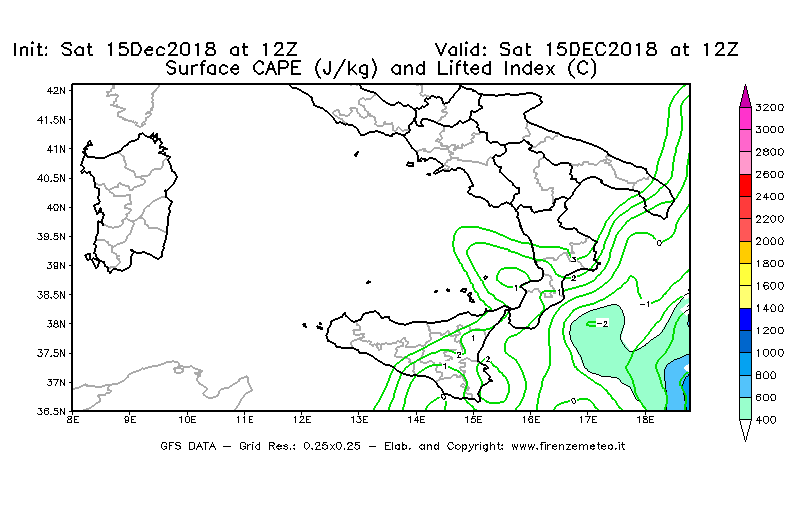 Mappa di analisi GFS - CAPE [J/kg] e Lifted Index [°C] in Sud-Italia
							del 15/12/2018 12 <!--googleoff: index-->UTC<!--googleon: index-->