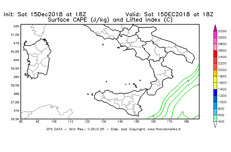 Mappa di analisi GFS - CAPE [J/kg] e Lifted Index [°C] in Sud-Italia
									del 15/12/2018 18 <!--googleoff: index-->UTC<!--googleon: index-->