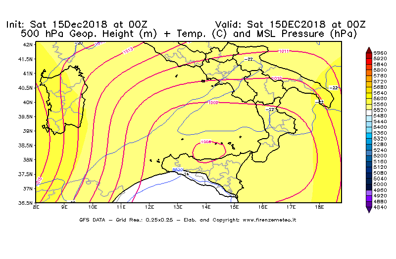 Mappa di analisi GFS - Geopotenziale [m] + Temp. [°C] a 500 hPa + Press. a livello del mare [hPa] in Sud-Italia
									del 15/12/2018 00 <!--googleoff: index-->UTC<!--googleon: index-->