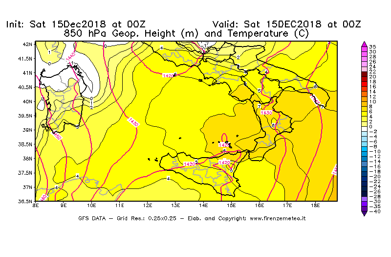 Mappa di analisi GFS - Geopotenziale [m] e Temperatura [°C] a 850 hPa in Sud-Italia
							del 15/12/2018 00 <!--googleoff: index-->UTC<!--googleon: index-->