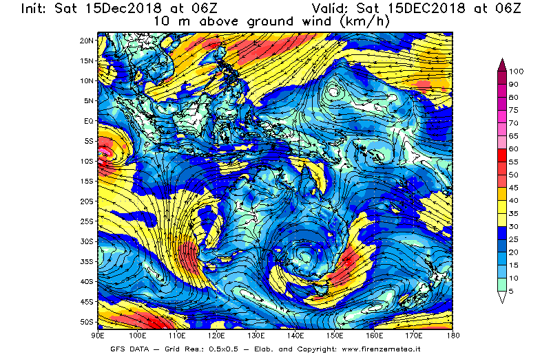 Mappa di analisi GFS - Velocità del vento a 10 metri dal suolo [km/h] in Oceania
									del 15/12/2018 06 <!--googleoff: index-->UTC<!--googleon: index-->