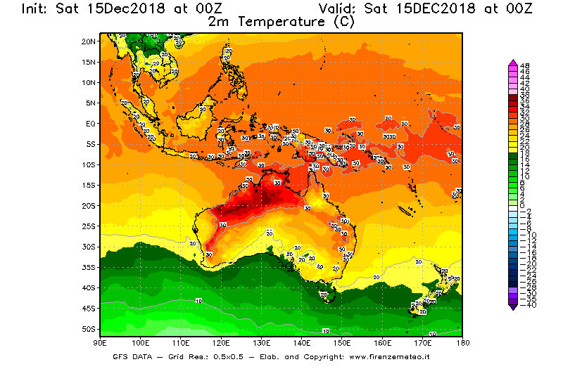 Mappa di analisi GFS - Temperatura a 2 metri dal suolo [°C] in Oceania
									del 15/12/2018 00 <!--googleoff: index-->UTC<!--googleon: index-->