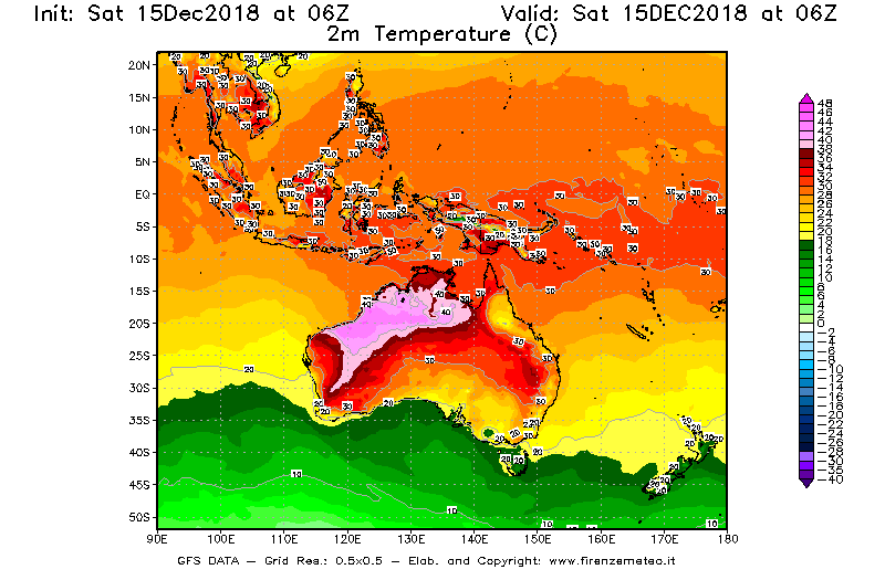 Mappa di analisi GFS - Temperatura a 2 metri dal suolo [°C] in Oceania
							del 15/12/2018 06 <!--googleoff: index-->UTC<!--googleon: index-->