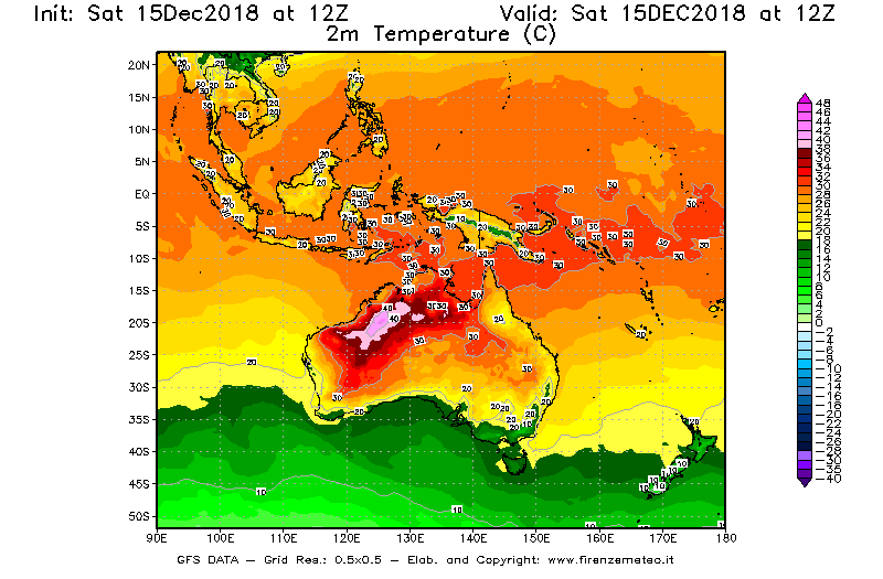 Mappa di analisi GFS - Temperatura a 2 metri dal suolo [°C] in Oceania
									del 15/12/2018 12 <!--googleoff: index-->UTC<!--googleon: index-->