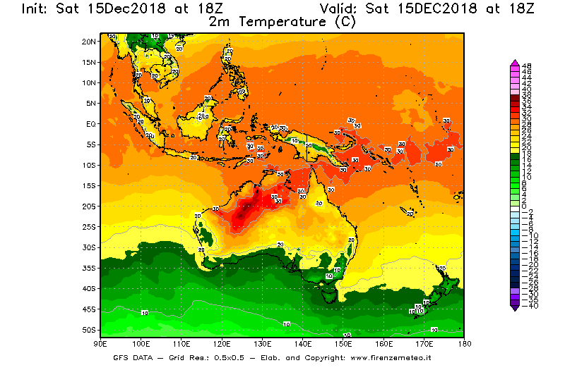Mappa di analisi GFS - Temperatura a 2 metri dal suolo [°C] in Oceania
							del 15/12/2018 18 <!--googleoff: index-->UTC<!--googleon: index-->