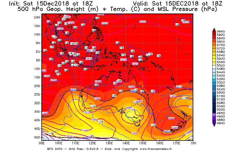 Mappa di analisi GFS - Geopotenziale [m] + Temp. [°C] a 500 hPa + Press. a livello del mare [hPa] in Oceania
									del 15/12/2018 18 <!--googleoff: index-->UTC<!--googleon: index-->