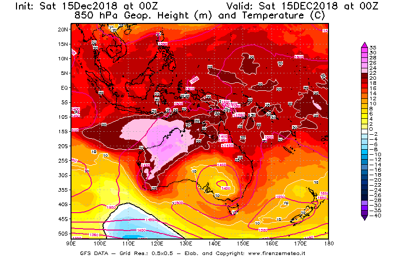 Mappa di analisi GFS - Geopotenziale [m] e Temperatura [°C] a 850 hPa in Oceania
							del 15/12/2018 00 <!--googleoff: index-->UTC<!--googleon: index-->