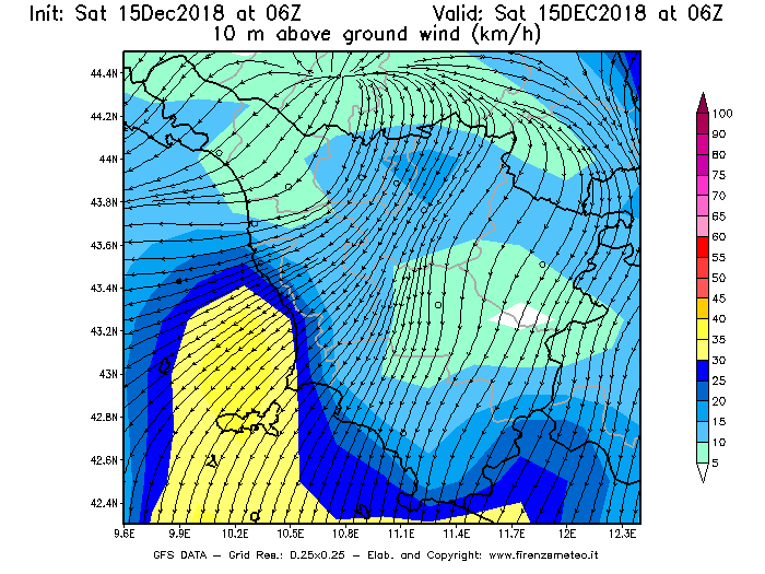 Mappa di analisi GFS - Velocità del vento a 10 metri dal suolo [km/h] in Toscana
									del 15/12/2018 06 <!--googleoff: index-->UTC<!--googleon: index-->