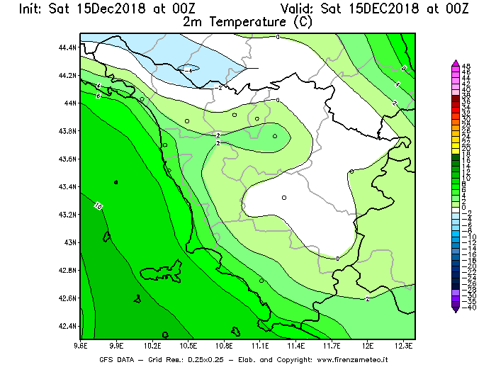 Mappa di analisi GFS - Temperatura a 2 metri dal suolo [°C] in Toscana
							del 15/12/2018 00 <!--googleoff: index-->UTC<!--googleon: index-->