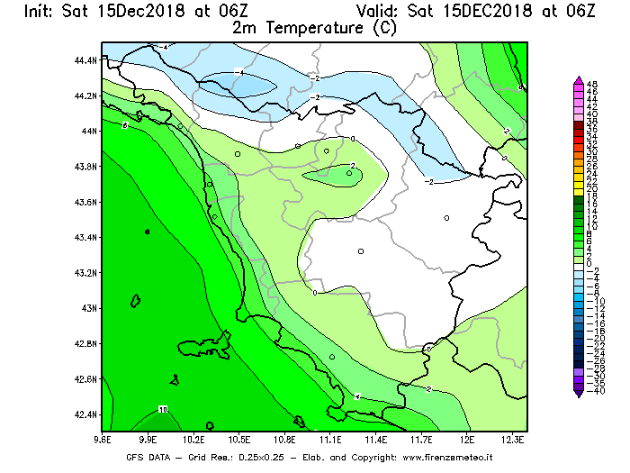 Mappa di analisi GFS - Temperatura a 2 metri dal suolo [°C] in Toscana
									del 15/12/2018 06 <!--googleoff: index-->UTC<!--googleon: index-->