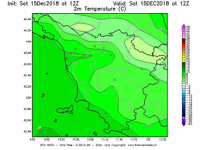 Mappa di analisi GFS - Temperatura a 2 metri dal suolo [°C] in Toscana
									del 15/12/2018 12 <!--googleoff: index-->UTC<!--googleon: index-->