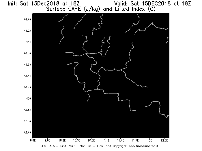 Mappa di analisi GFS - CAPE [J/kg] e Lifted Index [°C] in Toscana
									del 15/12/2018 18 <!--googleoff: index-->UTC<!--googleon: index-->