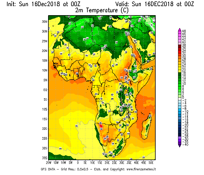 Mappa di analisi GFS - Temperatura a 2 metri dal suolo [°C] in Africa
							del 16/12/2018 00 <!--googleoff: index-->UTC<!--googleon: index-->
