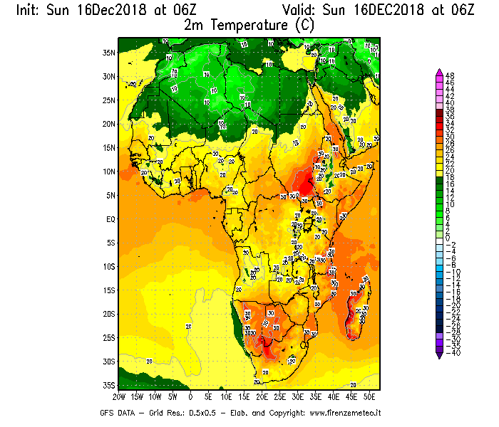 Mappa di analisi GFS - Temperatura a 2 metri dal suolo [°C] in Africa
							del 16/12/2018 06 <!--googleoff: index-->UTC<!--googleon: index-->