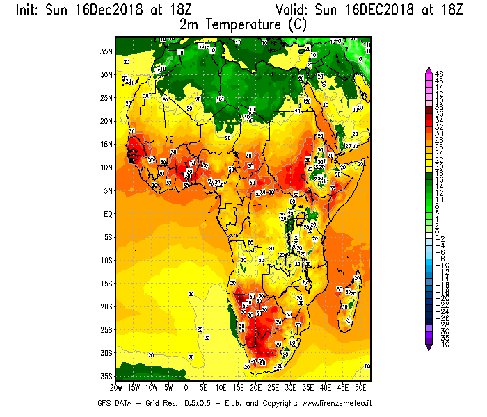 Mappa di analisi GFS - Temperatura a 2 metri dal suolo [°C] in Africa
							del 16/12/2018 18 <!--googleoff: index-->UTC<!--googleon: index-->