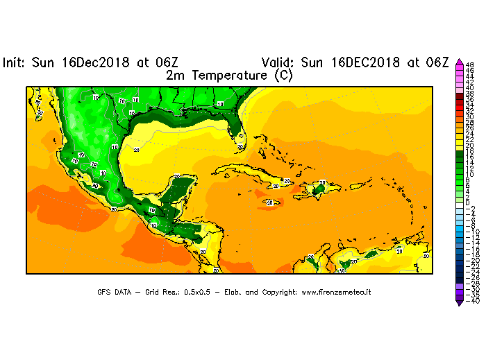Mappa di analisi GFS - Temperatura a 2 metri dal suolo [°C] in Centro-America
							del 16/12/2018 06 <!--googleoff: index-->UTC<!--googleon: index-->