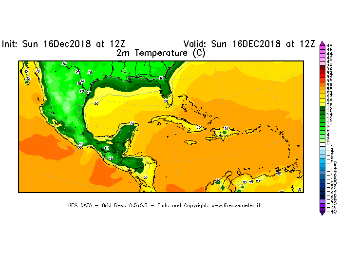 Mappa di analisi GFS - Temperatura a 2 metri dal suolo [°C] in Centro-America
							del 16/12/2018 12 <!--googleoff: index-->UTC<!--googleon: index-->