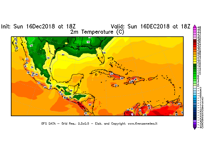 Mappa di analisi GFS - Temperatura a 2 metri dal suolo [°C] in Centro-America
							del 16/12/2018 18 <!--googleoff: index-->UTC<!--googleon: index-->