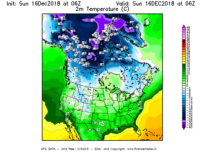 Mappa di analisi GFS - Temperatura a 2 metri dal suolo [°C] in Nord-America
							del 16/12/2018 06 <!--googleoff: index-->UTC<!--googleon: index-->