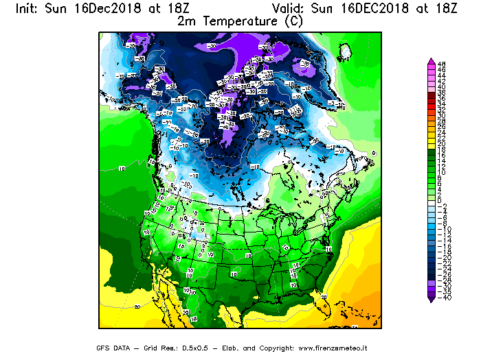 Mappa di analisi GFS - Temperatura a 2 metri dal suolo [°C] in Nord-America
							del 16/12/2018 18 <!--googleoff: index-->UTC<!--googleon: index-->