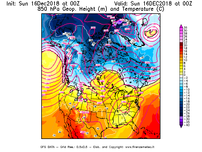 Mappa di analisi GFS - Geopotenziale [m] e Temperatura [°C] a 850 hPa in Nord-America
							del 16/12/2018 00 <!--googleoff: index-->UTC<!--googleon: index-->