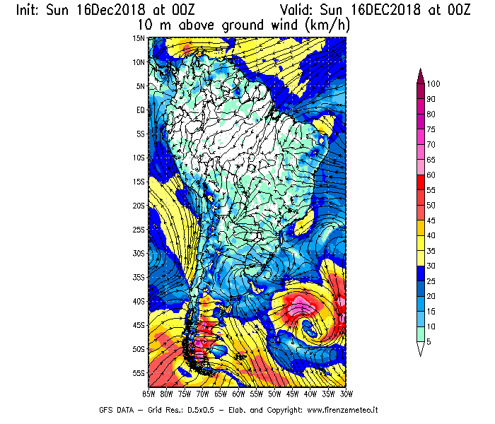 Mappa di analisi GFS - Velocità del vento a 10 metri dal suolo [km/h] in Sud-America
							del 16/12/2018 00 <!--googleoff: index-->UTC<!--googleon: index-->