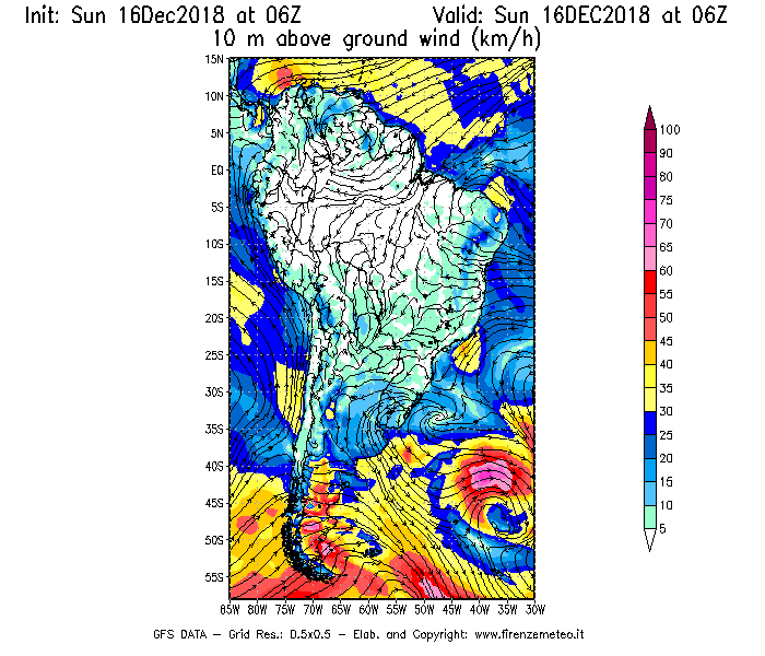 Mappa di analisi GFS - Velocità del vento a 10 metri dal suolo [km/h] in Sud-America
							del 16/12/2018 06 <!--googleoff: index-->UTC<!--googleon: index-->