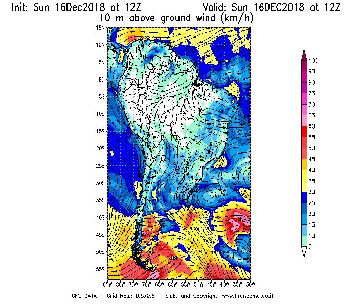 Mappa di analisi GFS - Velocità del vento a 10 metri dal suolo [km/h] in Sud-America
							del 16/12/2018 12 <!--googleoff: index-->UTC<!--googleon: index-->