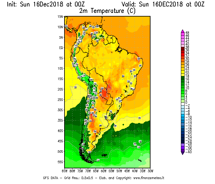 Mappa di analisi GFS - Temperatura a 2 metri dal suolo [°C] in Sud-America
							del 16/12/2018 00 <!--googleoff: index-->UTC<!--googleon: index-->