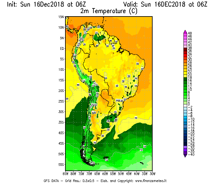 Mappa di analisi GFS - Temperatura a 2 metri dal suolo [°C] in Sud-America
							del 16/12/2018 06 <!--googleoff: index-->UTC<!--googleon: index-->