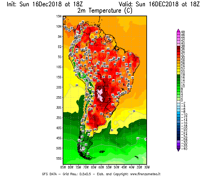 Mappa di analisi GFS - Temperatura a 2 metri dal suolo [°C] in Sud-America
							del 16/12/2018 18 <!--googleoff: index-->UTC<!--googleon: index-->