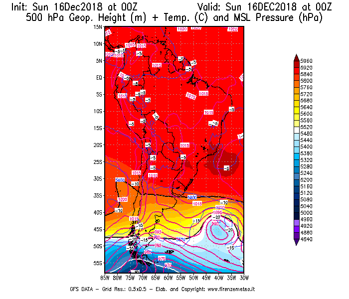 Mappa di analisi GFS - Geopotenziale [m] + Temp. [°C] a 500 hPa + Press. a livello del mare [hPa] in Sud-America
							del 16/12/2018 00 <!--googleoff: index-->UTC<!--googleon: index-->