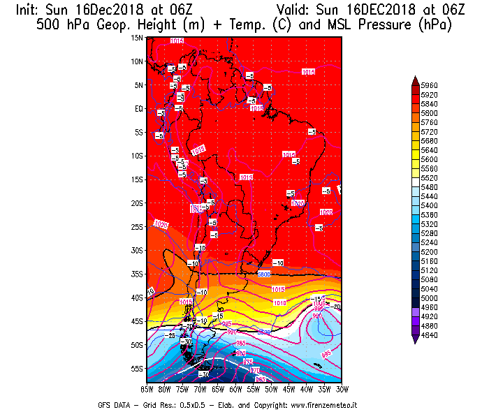 Mappa di analisi GFS - Geopotenziale [m] + Temp. [°C] a 500 hPa + Press. a livello del mare [hPa] in Sud-America
							del 16/12/2018 06 <!--googleoff: index-->UTC<!--googleon: index-->
