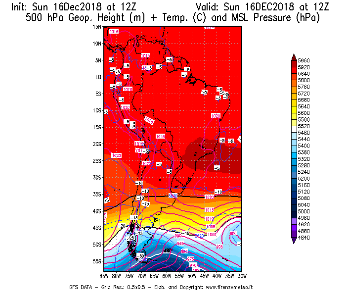 Mappa di analisi GFS - Geopotenziale [m] + Temp. [°C] a 500 hPa + Press. a livello del mare [hPa] in Sud-America
							del 16/12/2018 12 <!--googleoff: index-->UTC<!--googleon: index-->