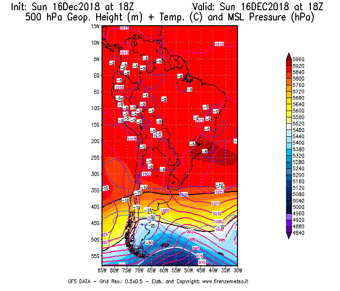 Mappa di analisi GFS - Geopotenziale [m] + Temp. [°C] a 500 hPa + Press. a livello del mare [hPa] in Sud-America
							del 16/12/2018 18 <!--googleoff: index-->UTC<!--googleon: index-->