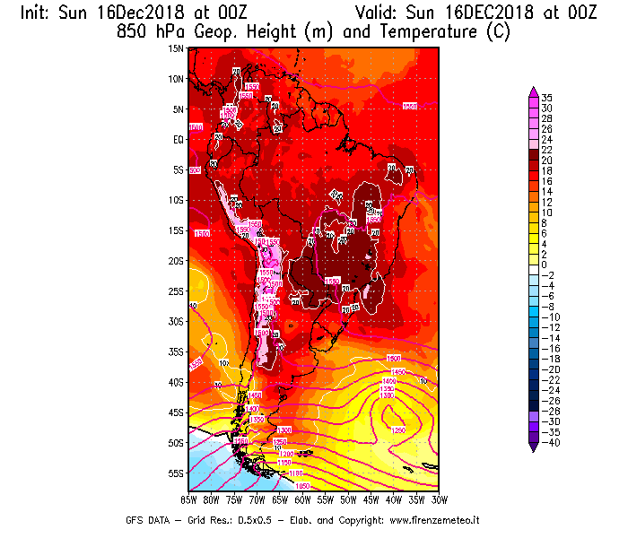 Mappa di analisi GFS - Geopotenziale [m] e Temperatura [°C] a 850 hPa in Sud-America
							del 16/12/2018 00 <!--googleoff: index-->UTC<!--googleon: index-->