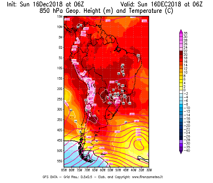 Mappa di analisi GFS - Geopotenziale [m] e Temperatura [°C] a 850 hPa in Sud-America
							del 16/12/2018 06 <!--googleoff: index-->UTC<!--googleon: index-->