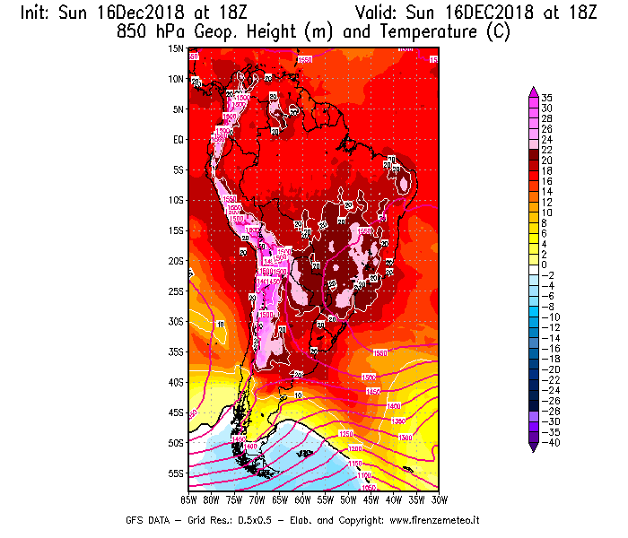 Mappa di analisi GFS - Geopotenziale [m] e Temperatura [°C] a 850 hPa in Sud-America
							del 16/12/2018 18 <!--googleoff: index-->UTC<!--googleon: index-->