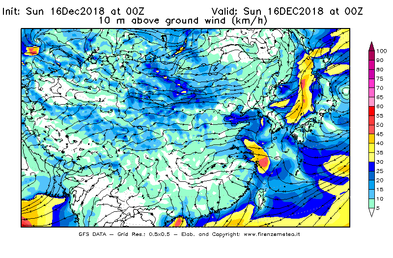 Mappa di analisi GFS - Velocità del vento a 10 metri dal suolo [km/h] in Asia Orientale
							del 16/12/2018 00 <!--googleoff: index-->UTC<!--googleon: index-->