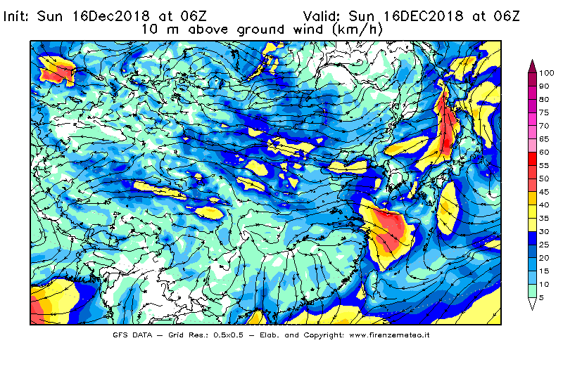 Mappa di analisi GFS - Velocità del vento a 10 metri dal suolo [km/h] in Asia Orientale
							del 16/12/2018 06 <!--googleoff: index-->UTC<!--googleon: index-->