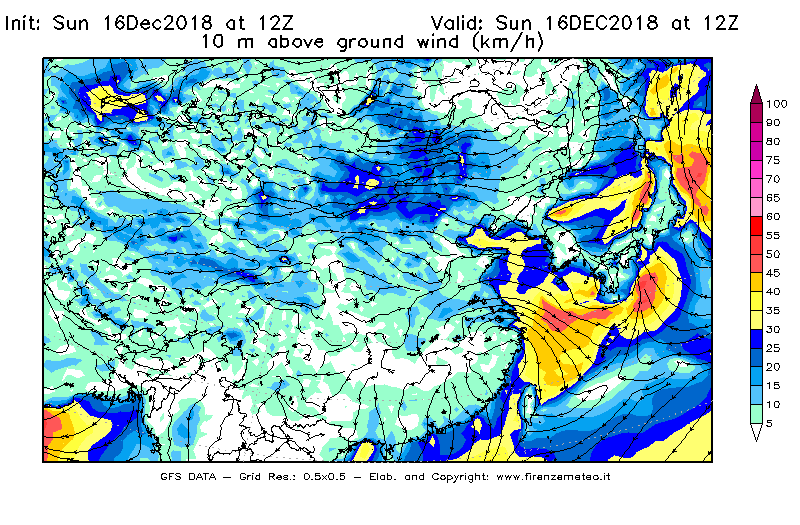 Mappa di analisi GFS - Velocità del vento a 10 metri dal suolo [km/h] in Asia Orientale
							del 16/12/2018 12 <!--googleoff: index-->UTC<!--googleon: index-->