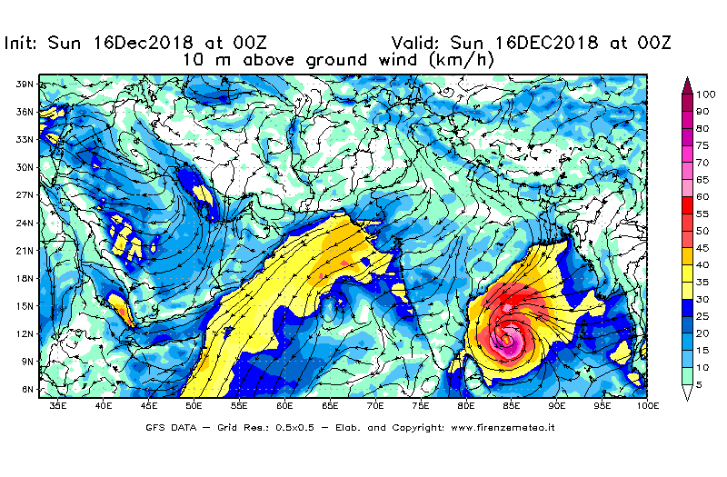 Mappa di analisi GFS - Velocità del vento a 10 metri dal suolo [km/h] in Asia Sud-Occidentale
							del 16/12/2018 00 <!--googleoff: index-->UTC<!--googleon: index-->
