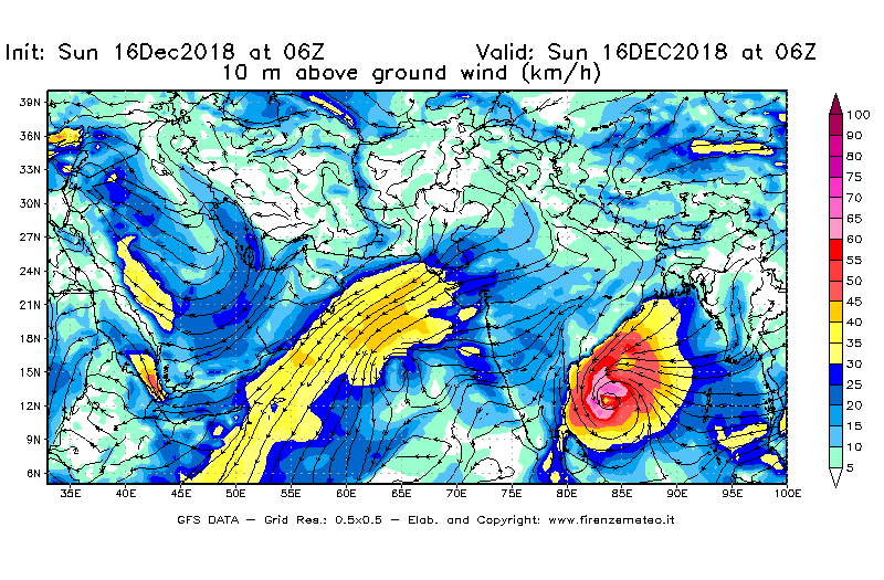 Mappa di analisi GFS - Velocità del vento a 10 metri dal suolo [km/h] in Asia Sud-Occidentale
							del 16/12/2018 06 <!--googleoff: index-->UTC<!--googleon: index-->