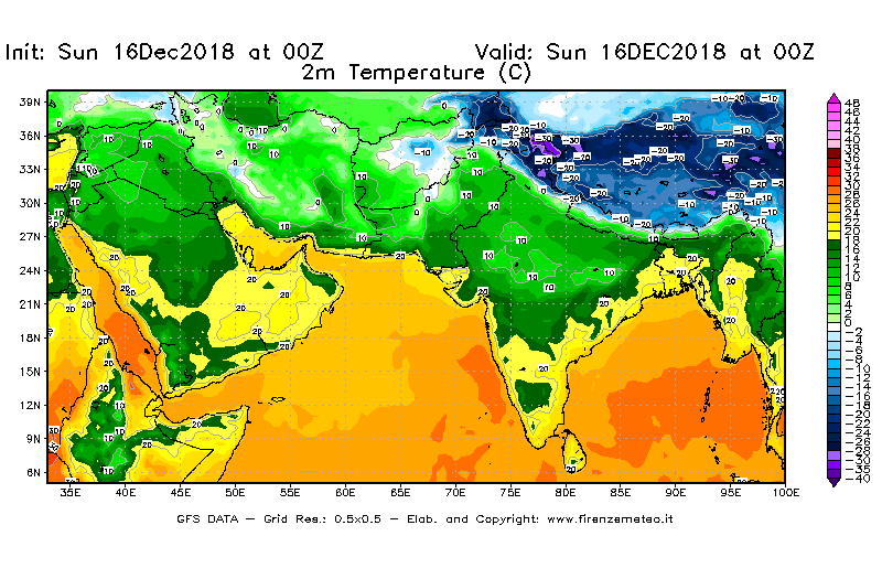 Mappa di analisi GFS - Temperatura a 2 metri dal suolo [°C] in Asia Sud-Occidentale
							del 16/12/2018 00 <!--googleoff: index-->UTC<!--googleon: index-->